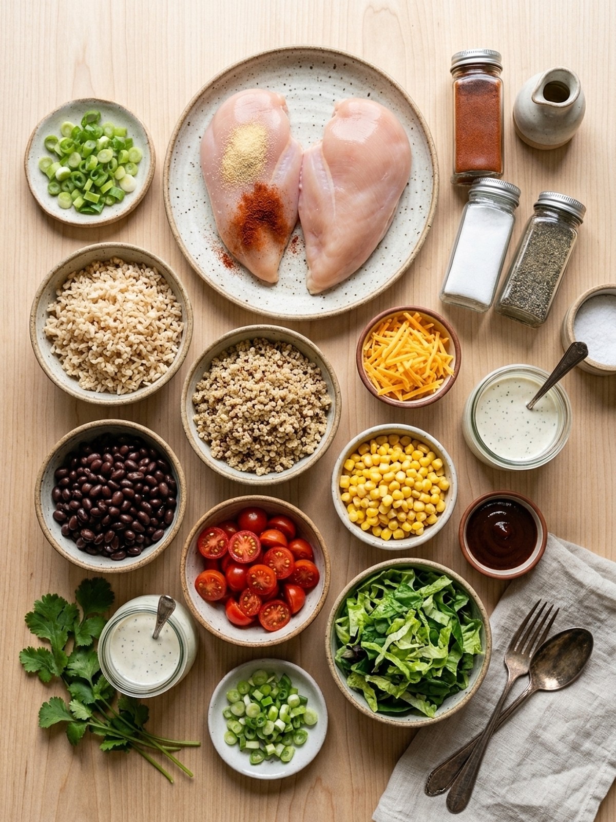 High Protein Bbq Ranch Chicken Bowl ingredients arranged for cooking