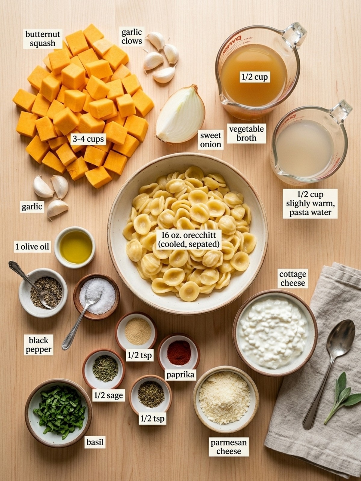 High Protein Butternut Squash Cottage Cheese Pasta ingredients arranged for cooking