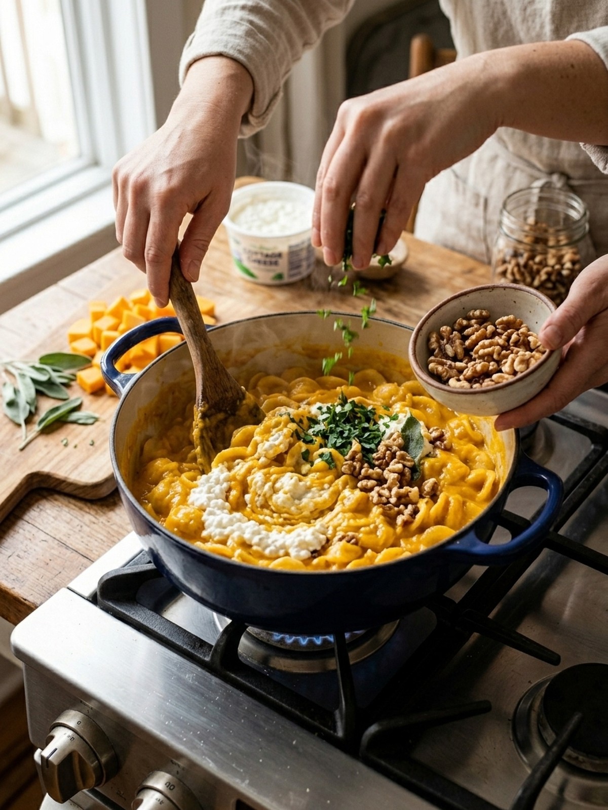 Step by step preparation of High Protein Butternut Squash Cottage Cheese Pasta