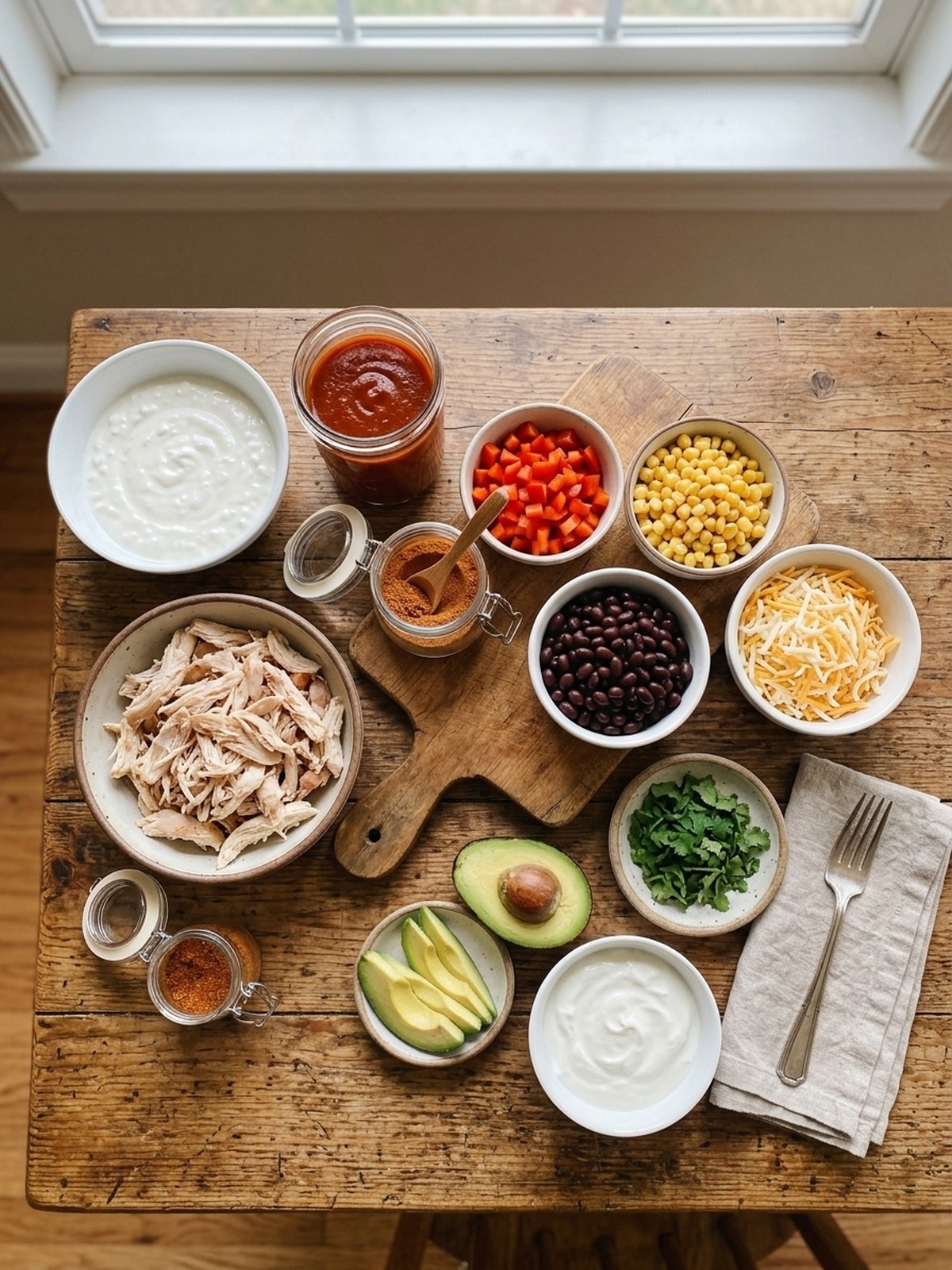 High Protein Chicken Cottage Cheese Enchilada Bowls ingredients arranged for cooking