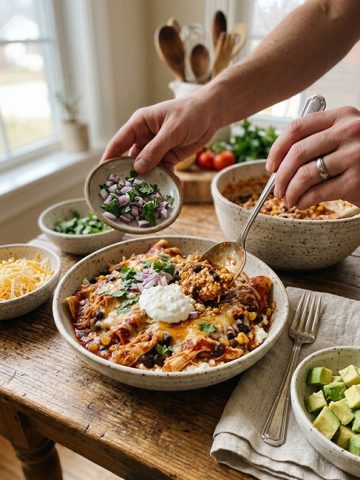 Step by step preparation of High Protein Chicken Cottage Cheese Enchilada Bowls