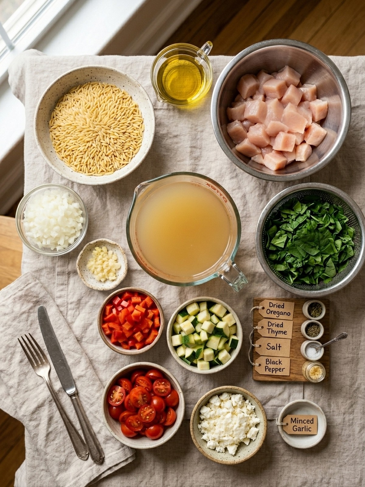 High Protein Chicken Orzo ingredients arranged for cooking