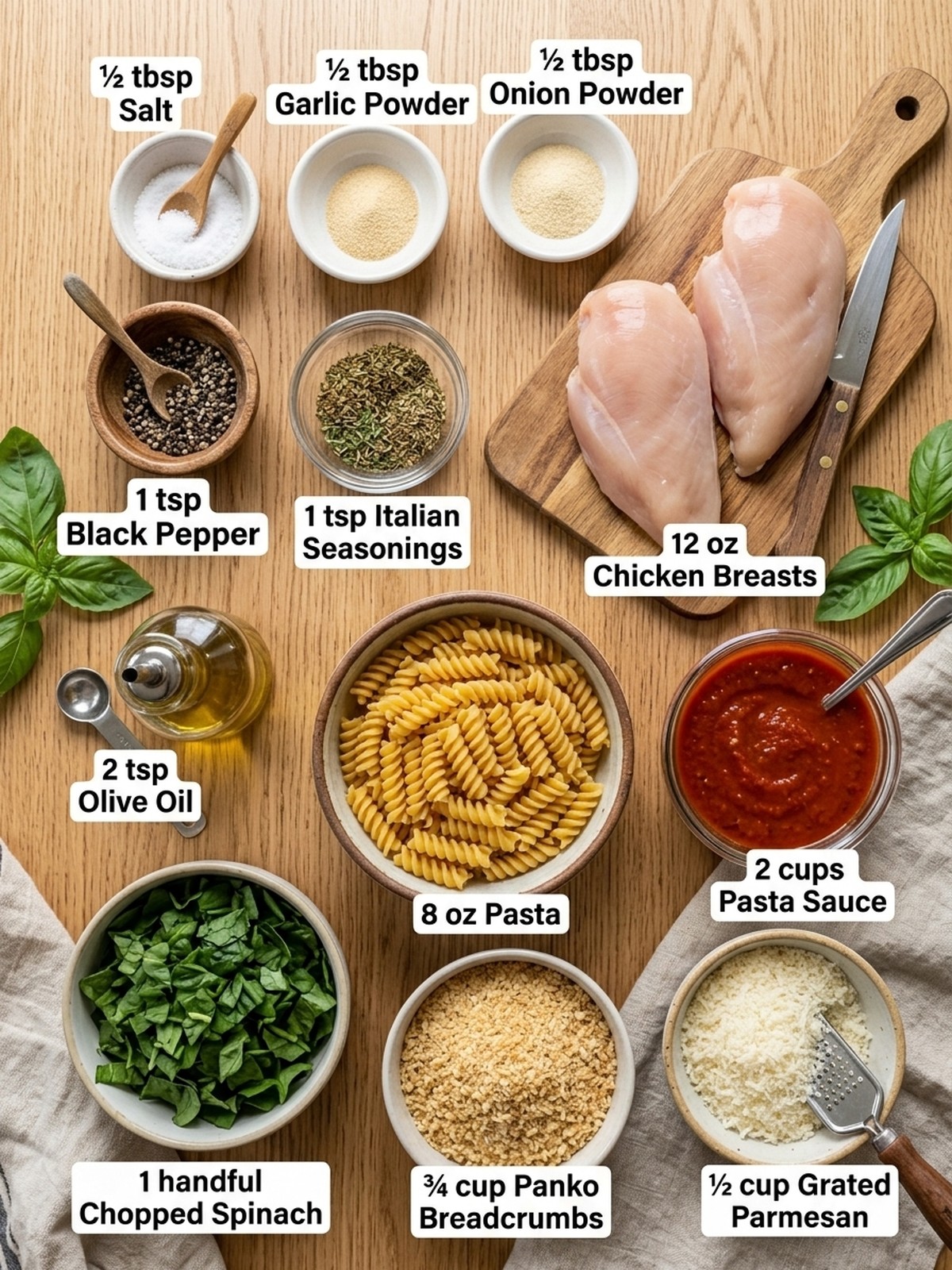 High Protein Chicken Parmesan Casserole ingredients arranged for cooking