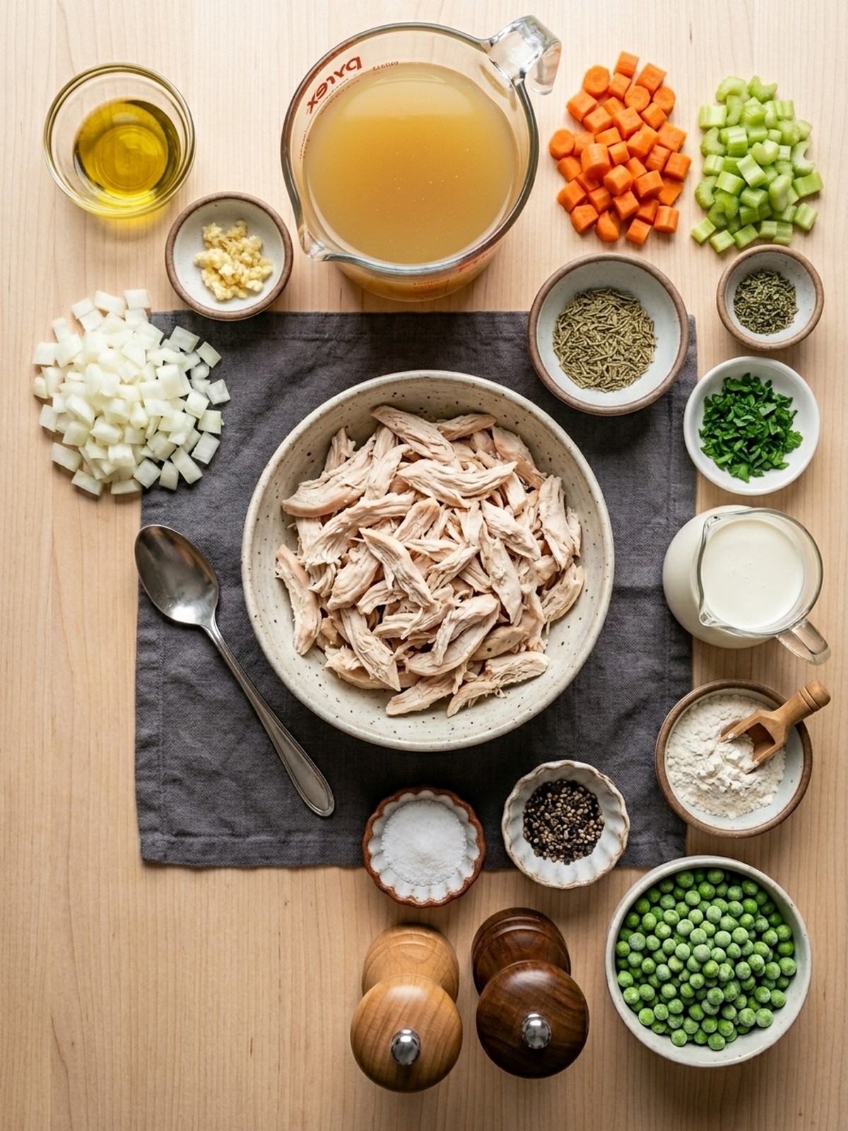 High Protein Chicken Pot Pie Soup ingredients arranged for cooking