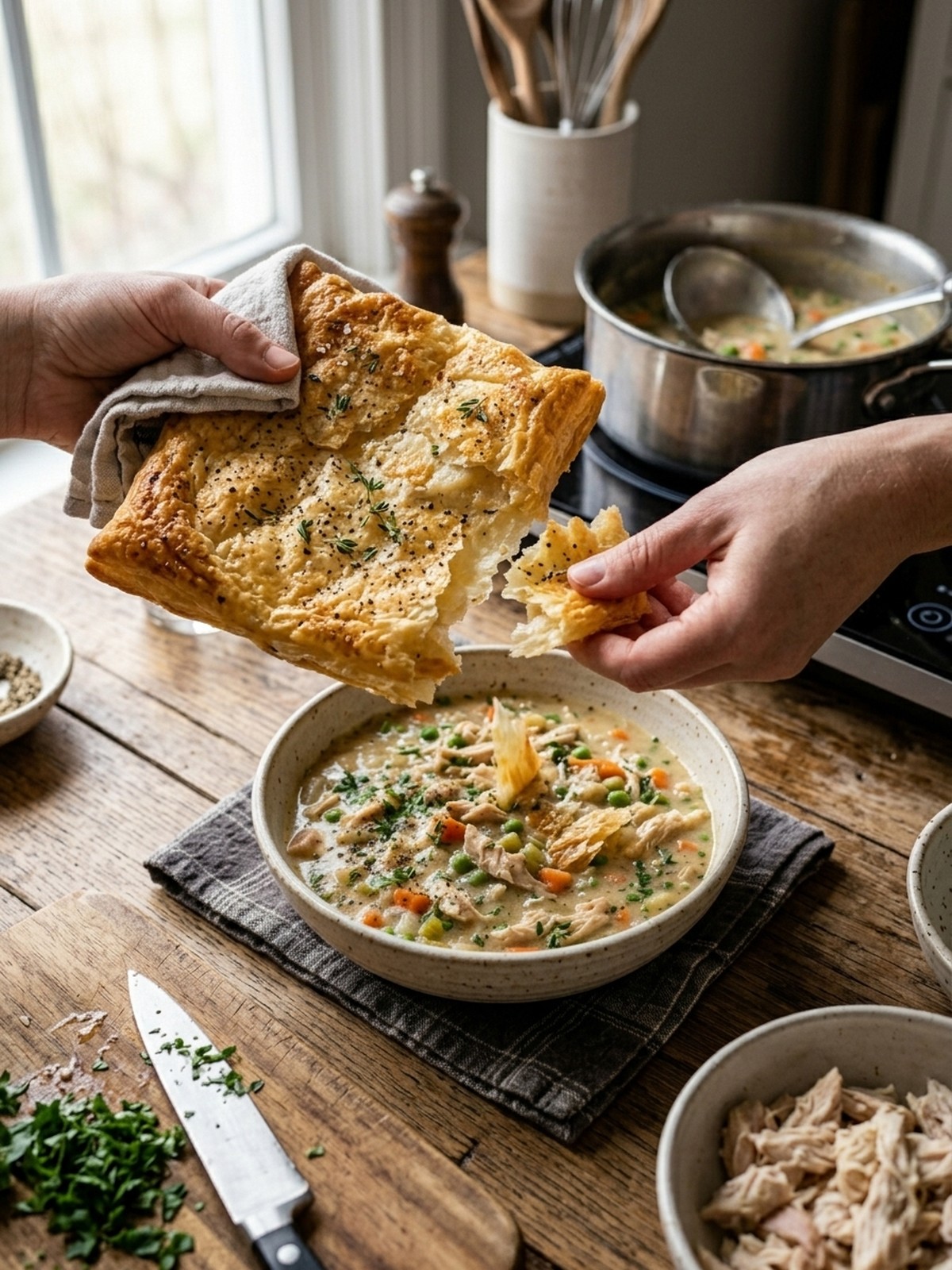 Step by step preparation of High Protein Chicken Pot Pie Soup