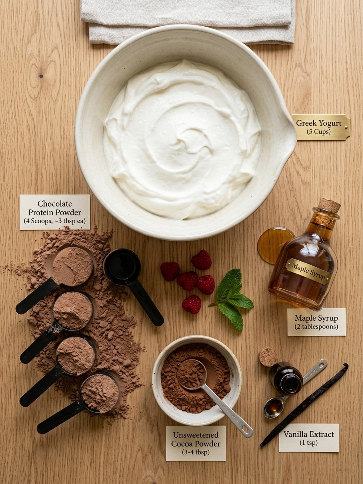 High Protein Chocolate Pudding ingredients with Greek yogurt cocoa protein powder and maple syrup