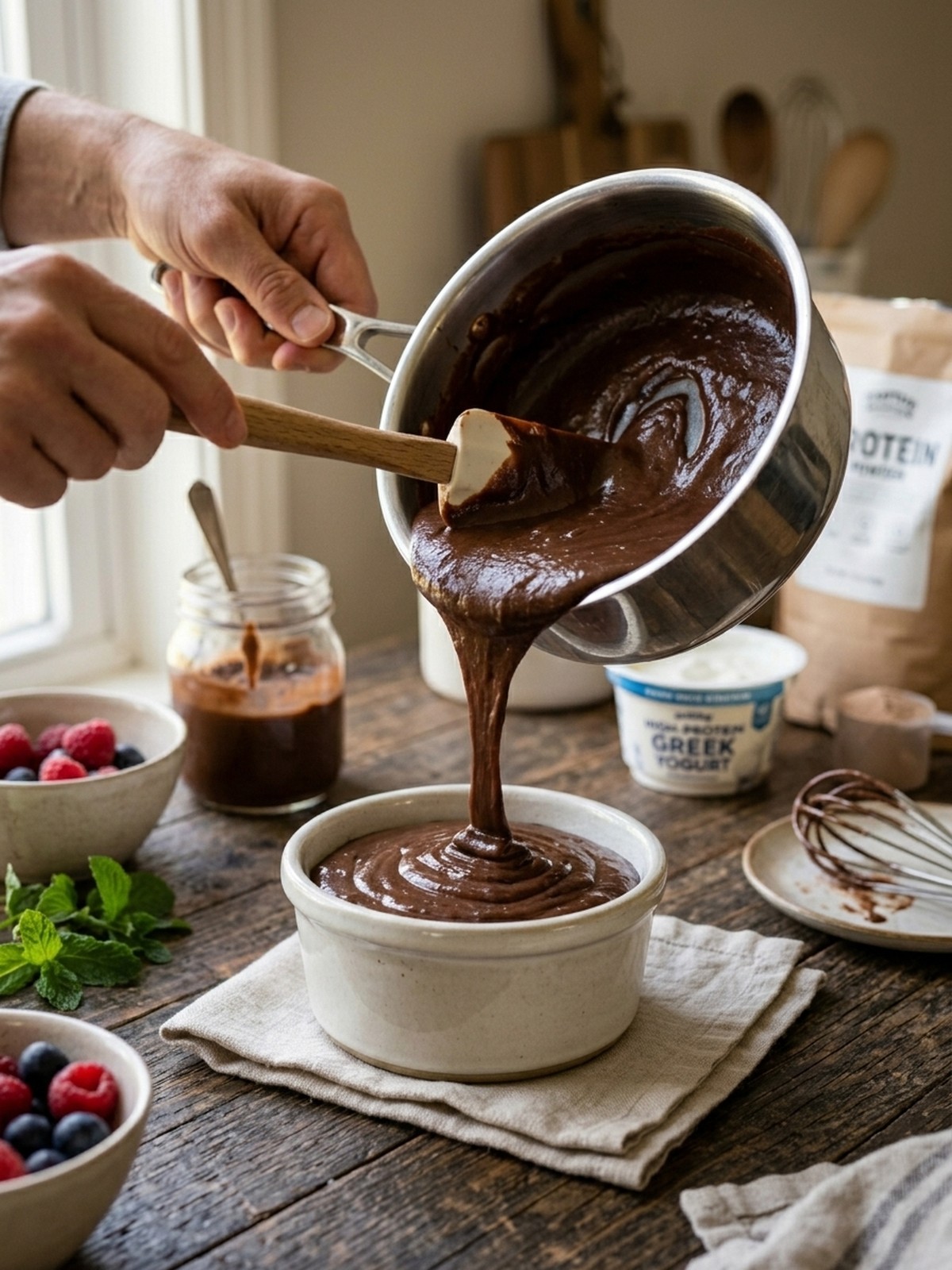 Step by step preparation of High Protein Chocolate Pudding in a mixing bowl