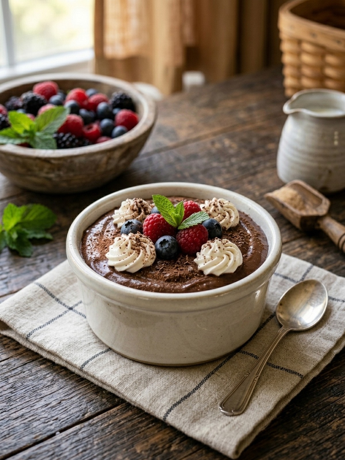 Serving and variation ideas for High Protein Chocolate Pudding with berries and toppings