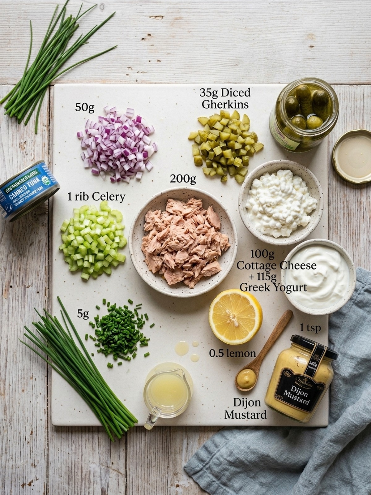 High Protein Cottage Cheese Tuna Salad ingredients arranged for cooking