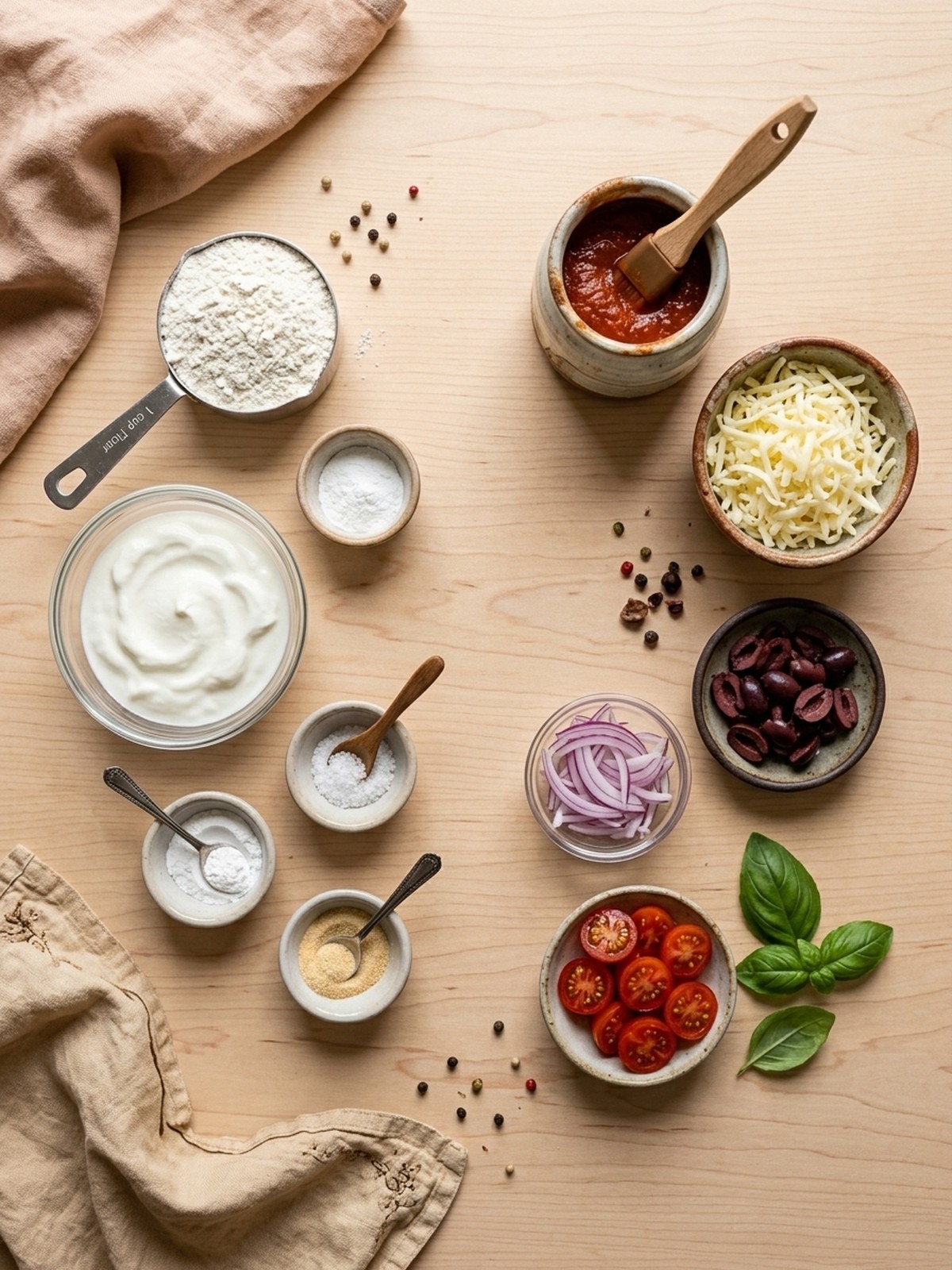 High Protein Greek Yogurt Pizza Dough ingredients arranged for cooking