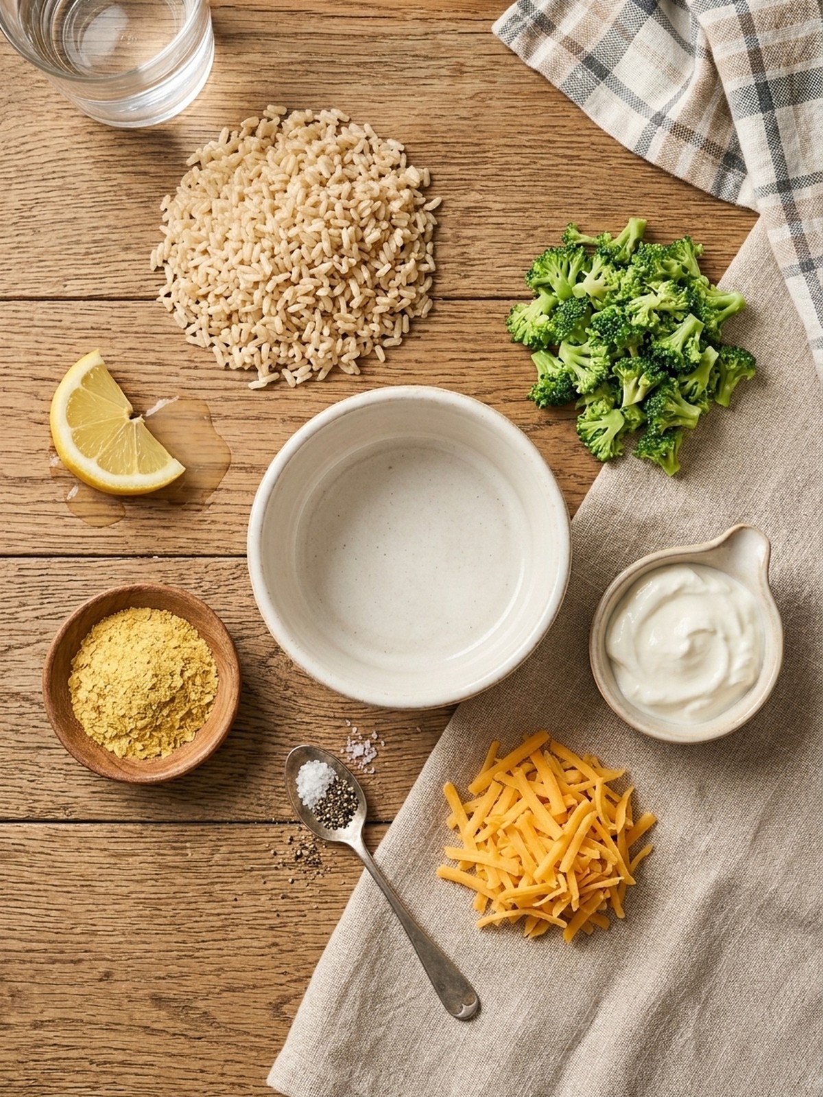 High Protein High Fiber Broccoli Cheddar Rice Cup ingredients arranged for cooking