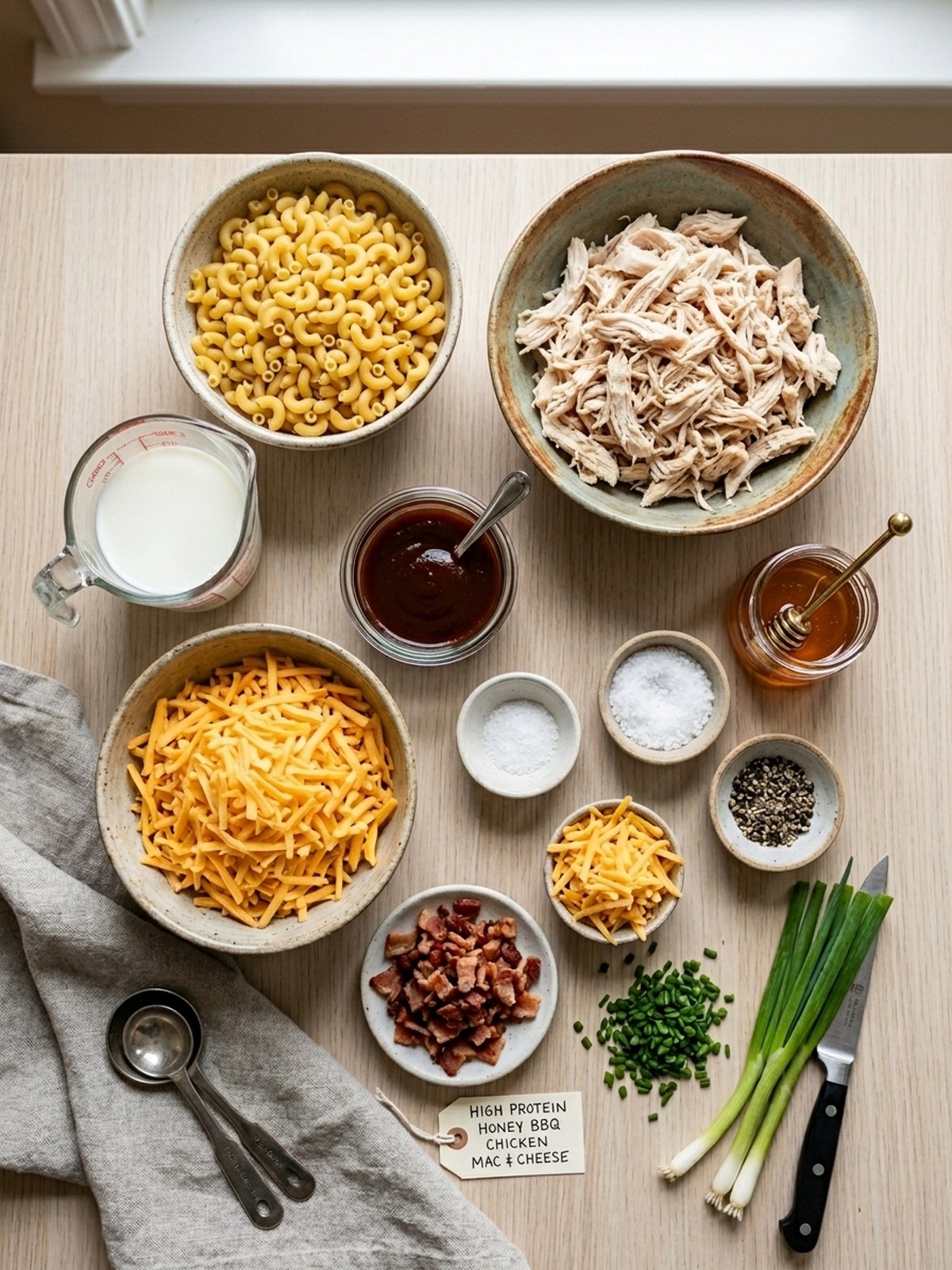 High Protein Honey Bbq Chicken Mac & Cheese Meal Prep ingredients arranged for cooking