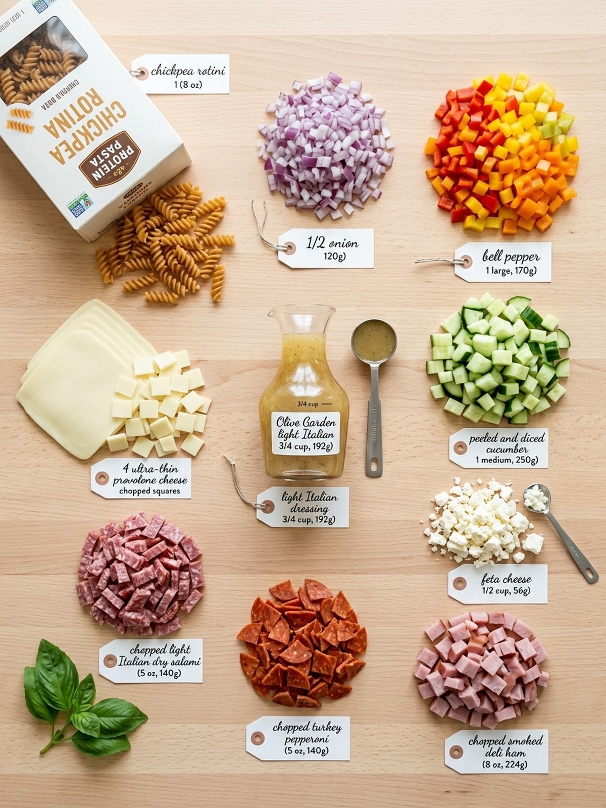 High-protein Italian Pasta Salad ingredients arranged for cooking