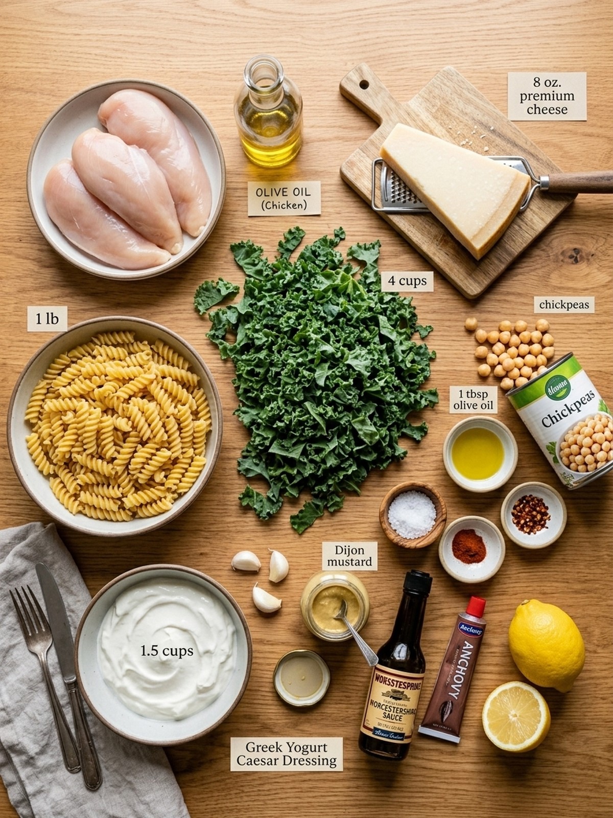 High Protein Kale Chicken Caesar Pasta Salad ingredients arranged for cooking