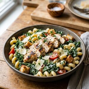High Protein Kale Chicken Caesar Pasta Salad