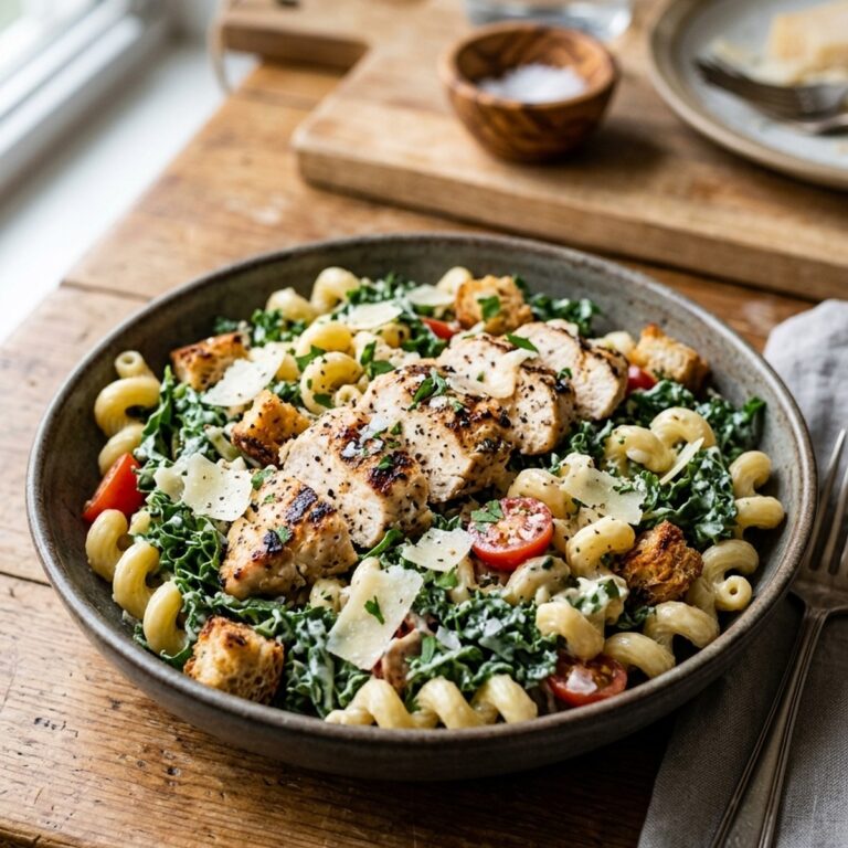 High Protein Kale Chicken Caesar Pasta Salad