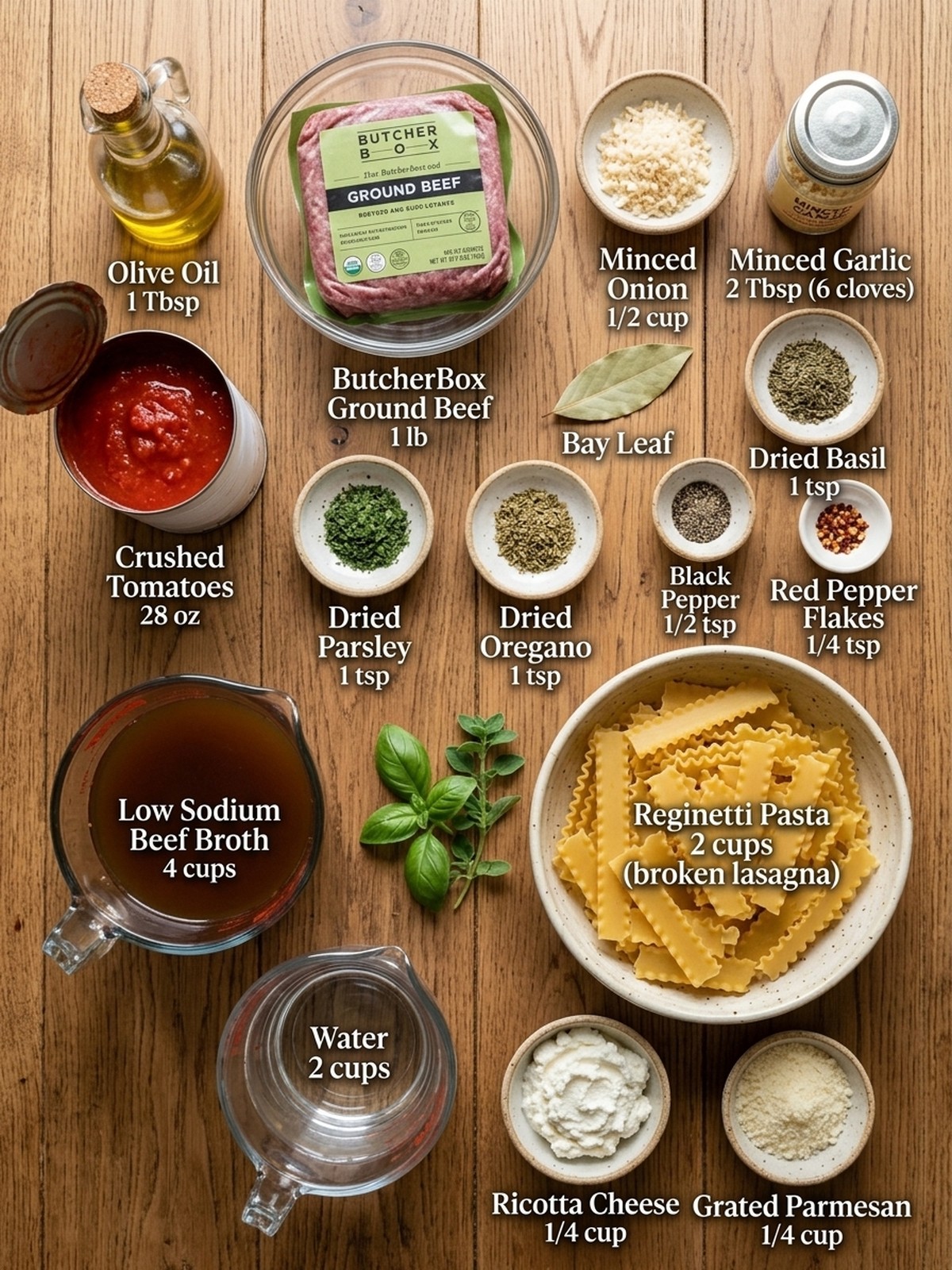 High Protein Lasagna Soup ingredients arranged for cooking