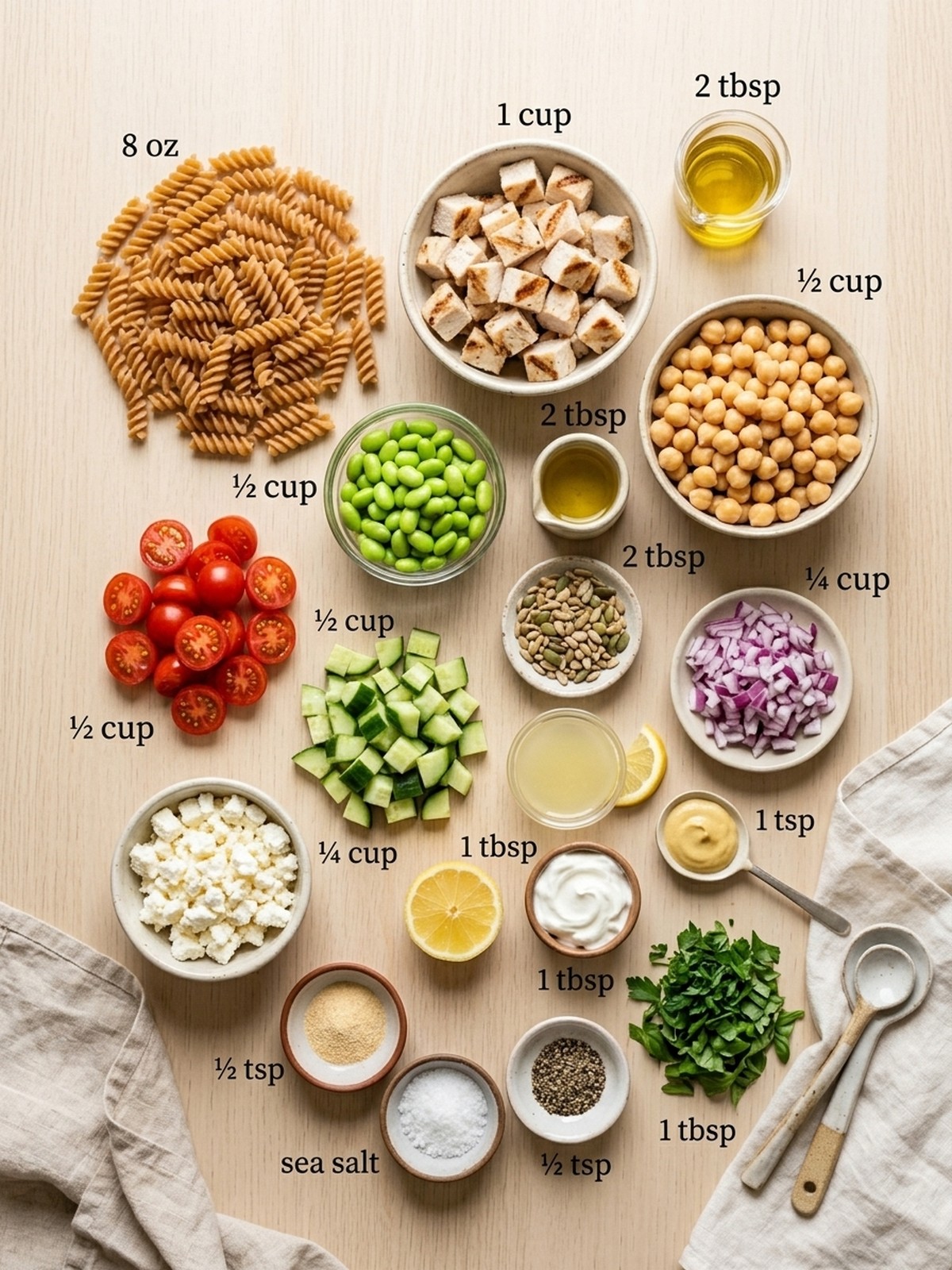 High Protein Pasta Salad ingredients arranged for cooking