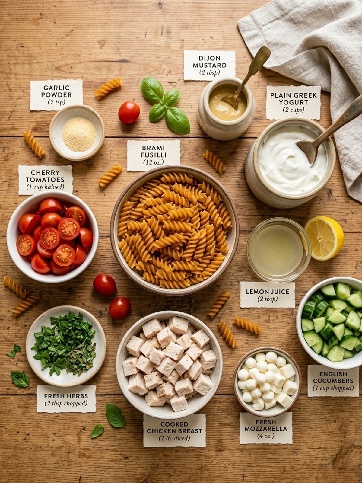High Protein Pasta Salad With Chicken ingredients arranged for cooking