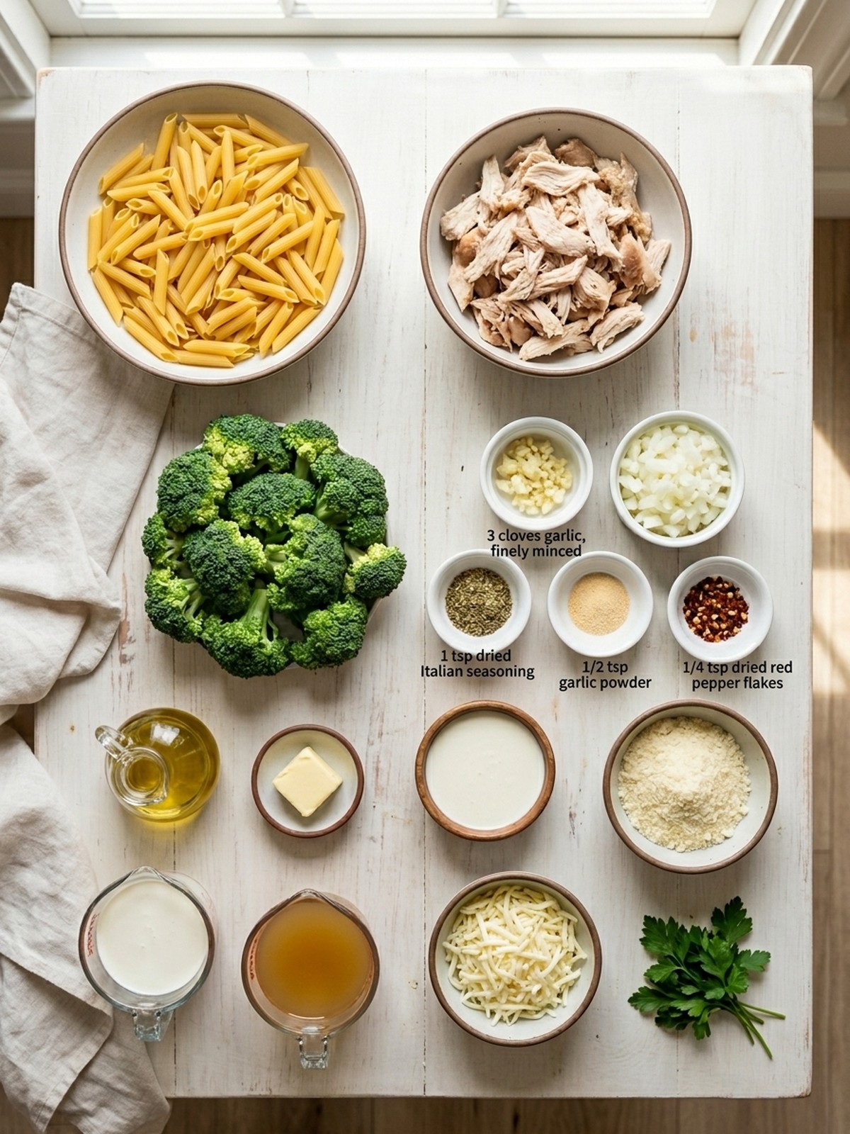 High Protein Rotisserie Chicken Broccoli Pasta ingredients arranged for cooking