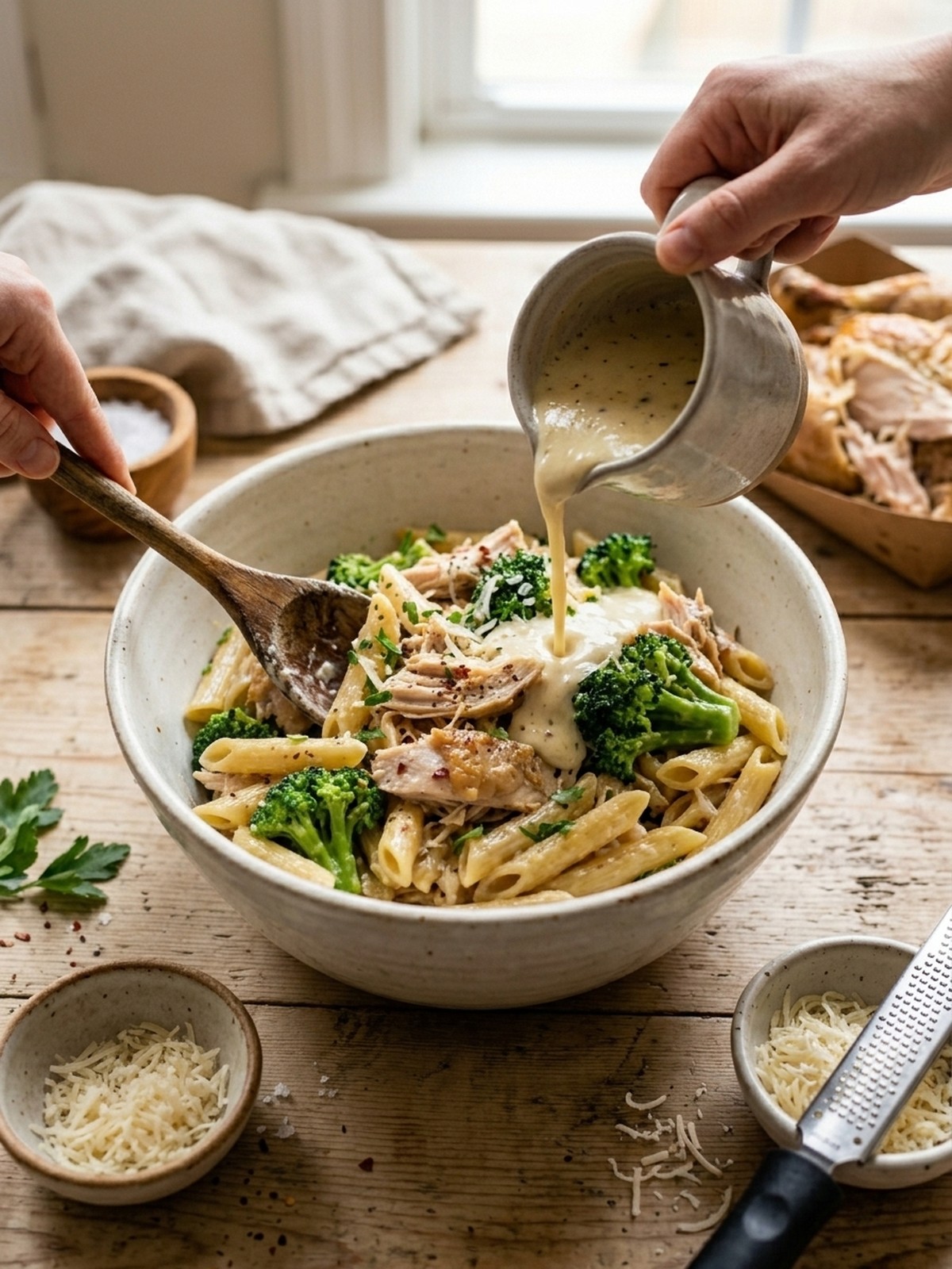Step by step preparation of High Protein Rotisserie Chicken Broccoli Pasta