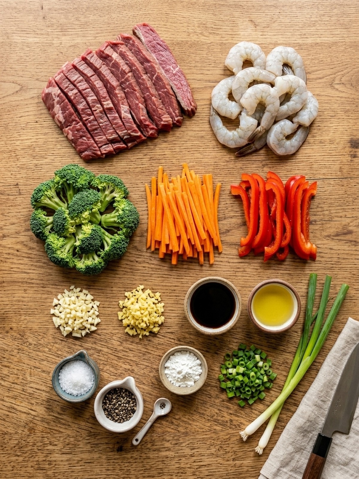 High Protein Steak And Shrimp Stir-fry ingredients arranged for cooking