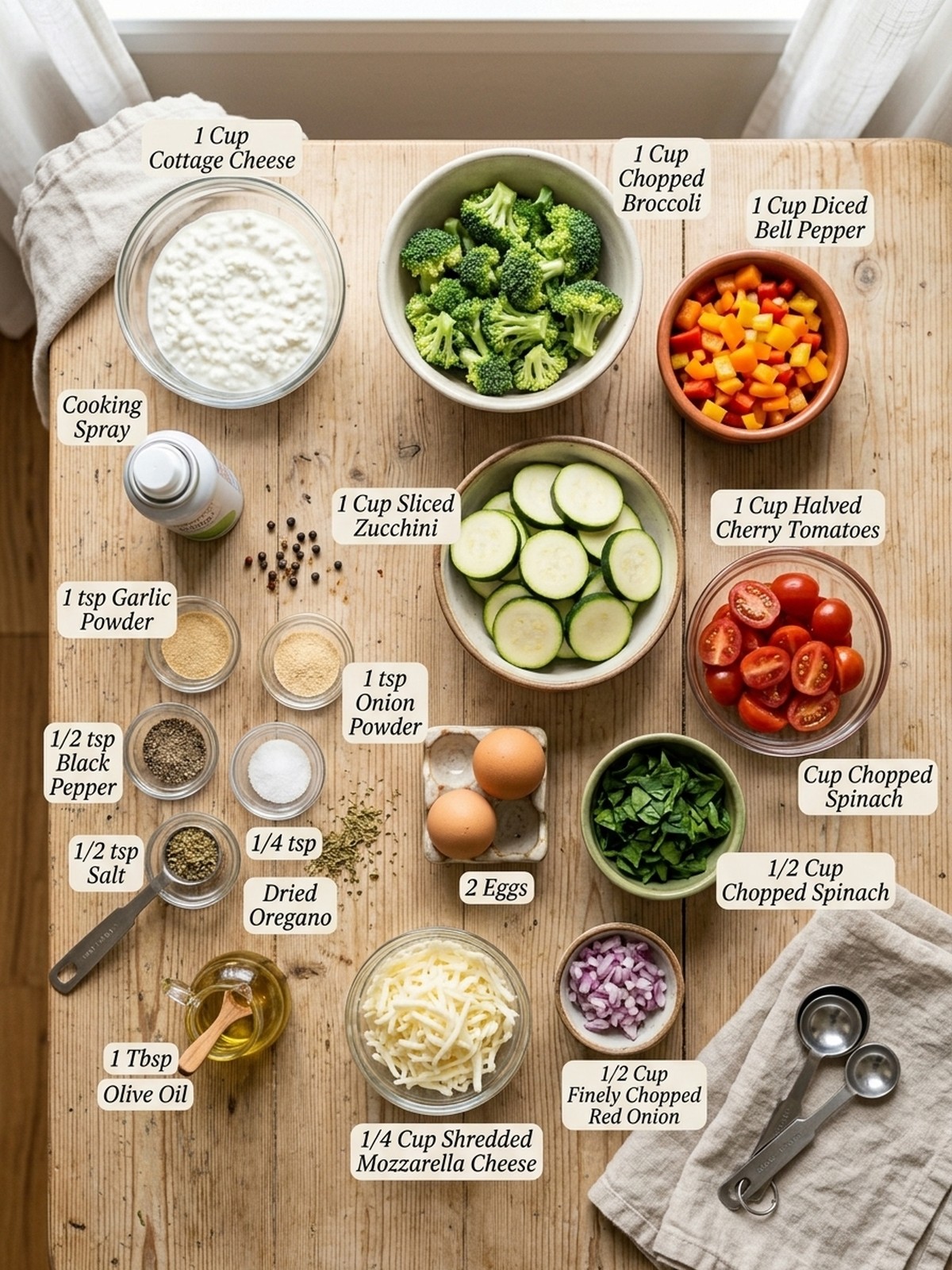 High Protein Veggie Bake With Cottage Cheese ingredients arranged for cooking