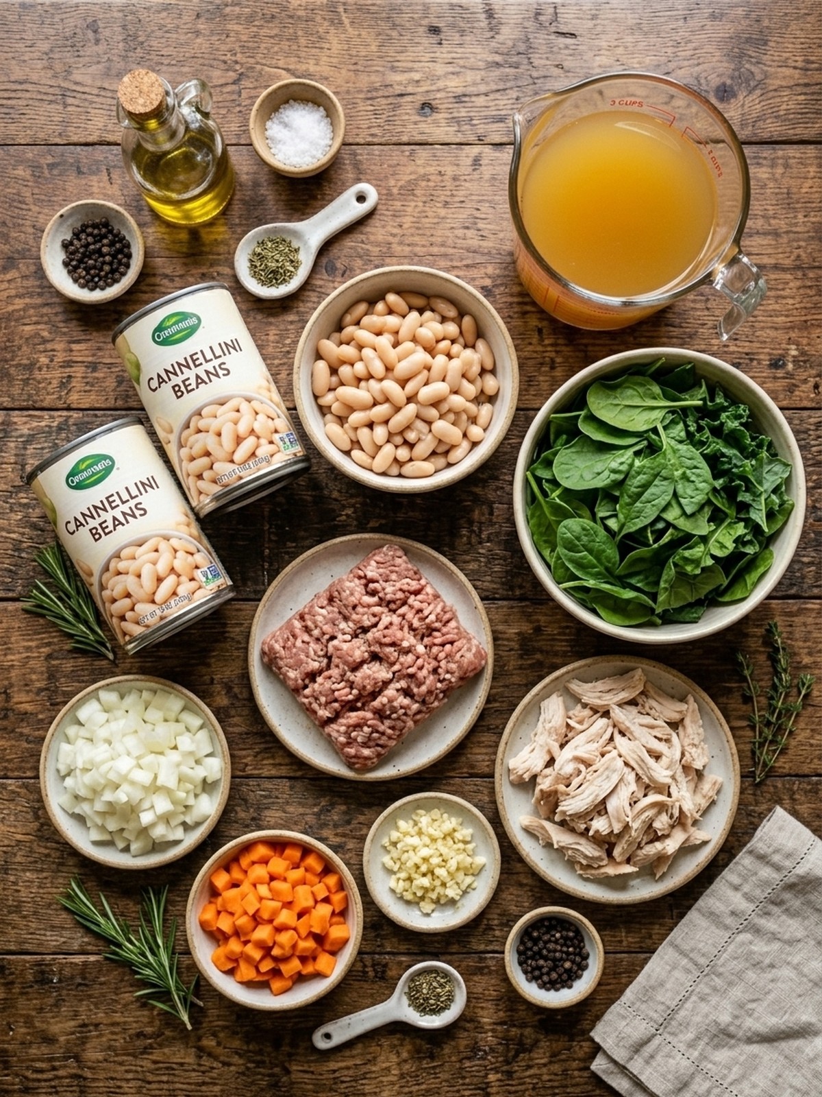 High Protein White Bean Soup ingredients arranged for cooking