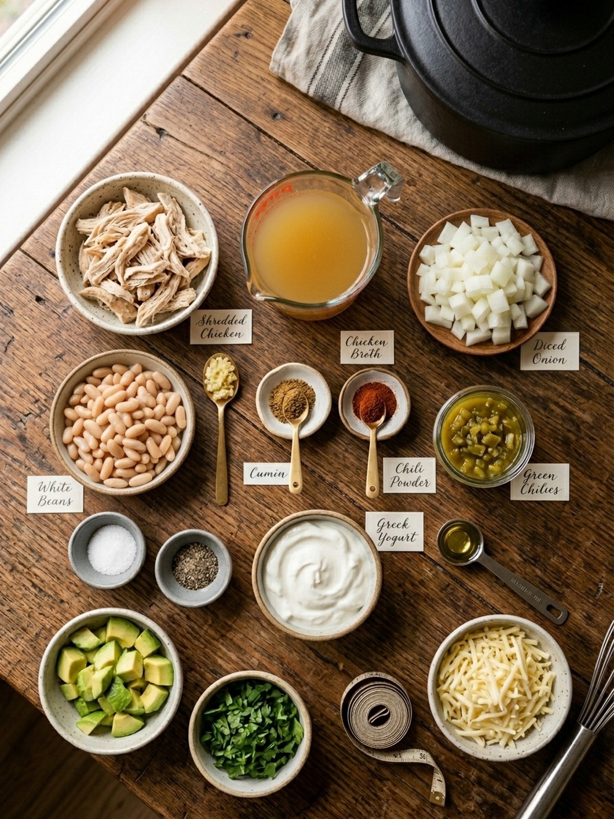 High Protein White Chicken Chili ingredients arranged for cooking