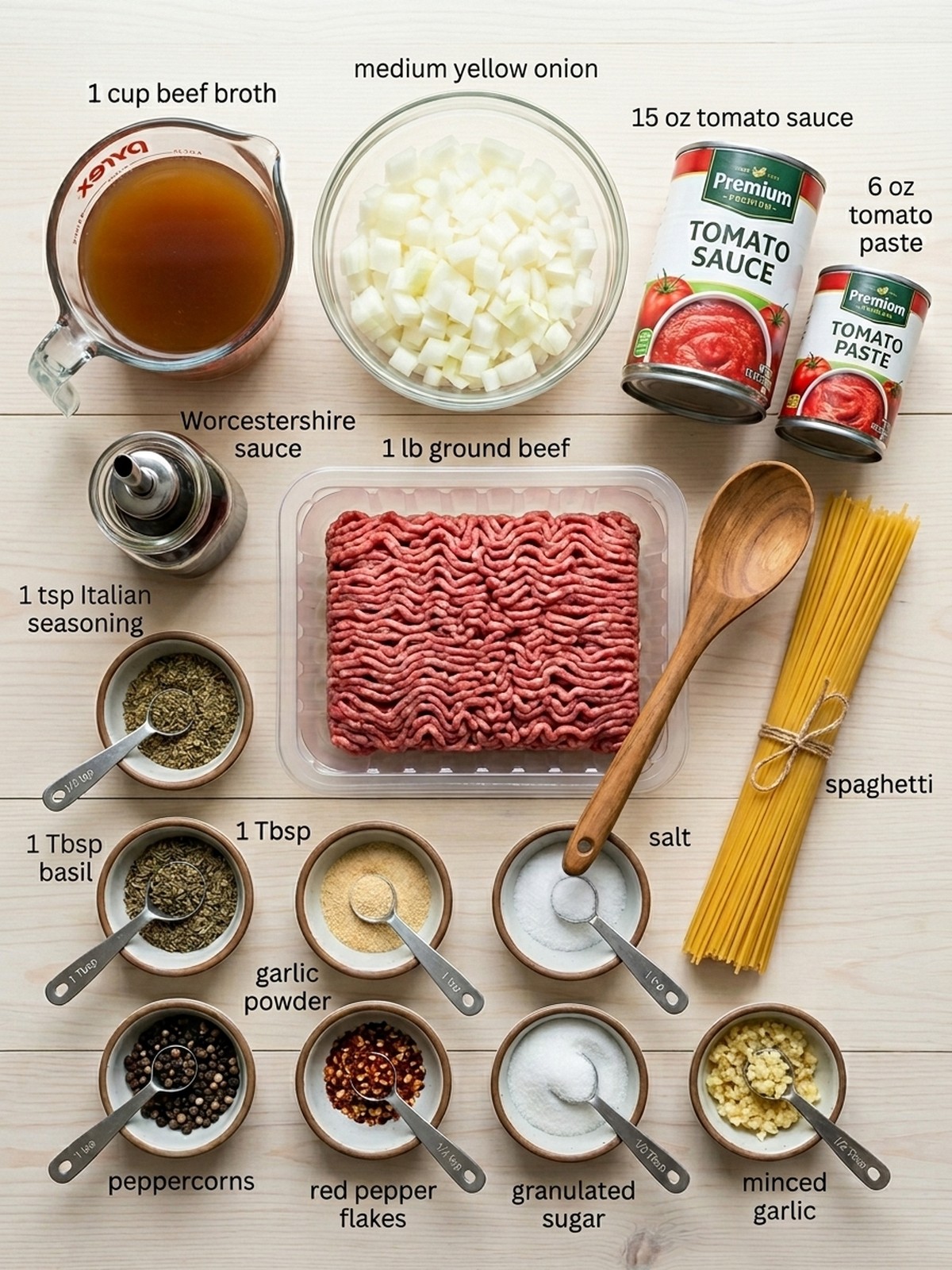 Homemade Spaghetti Sauce ingredients arranged for cooking