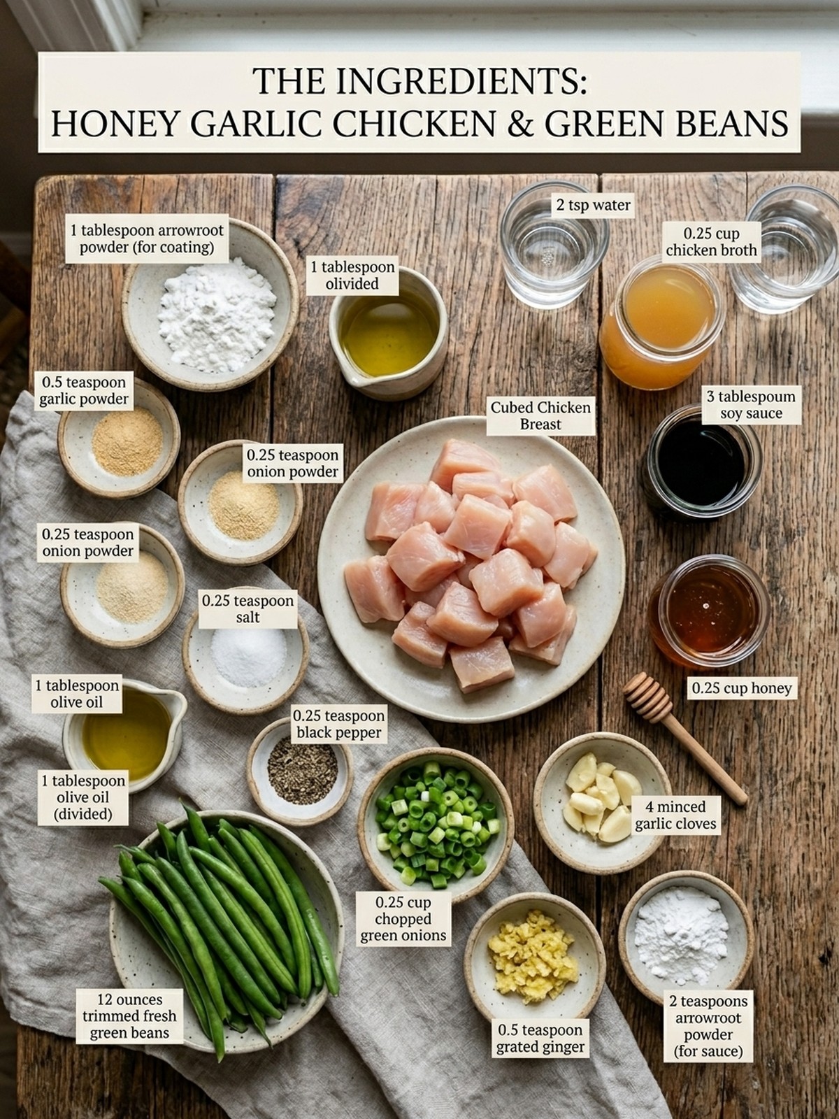 Honey Garlic Chicken and Green Beans ingredients arranged for cooking