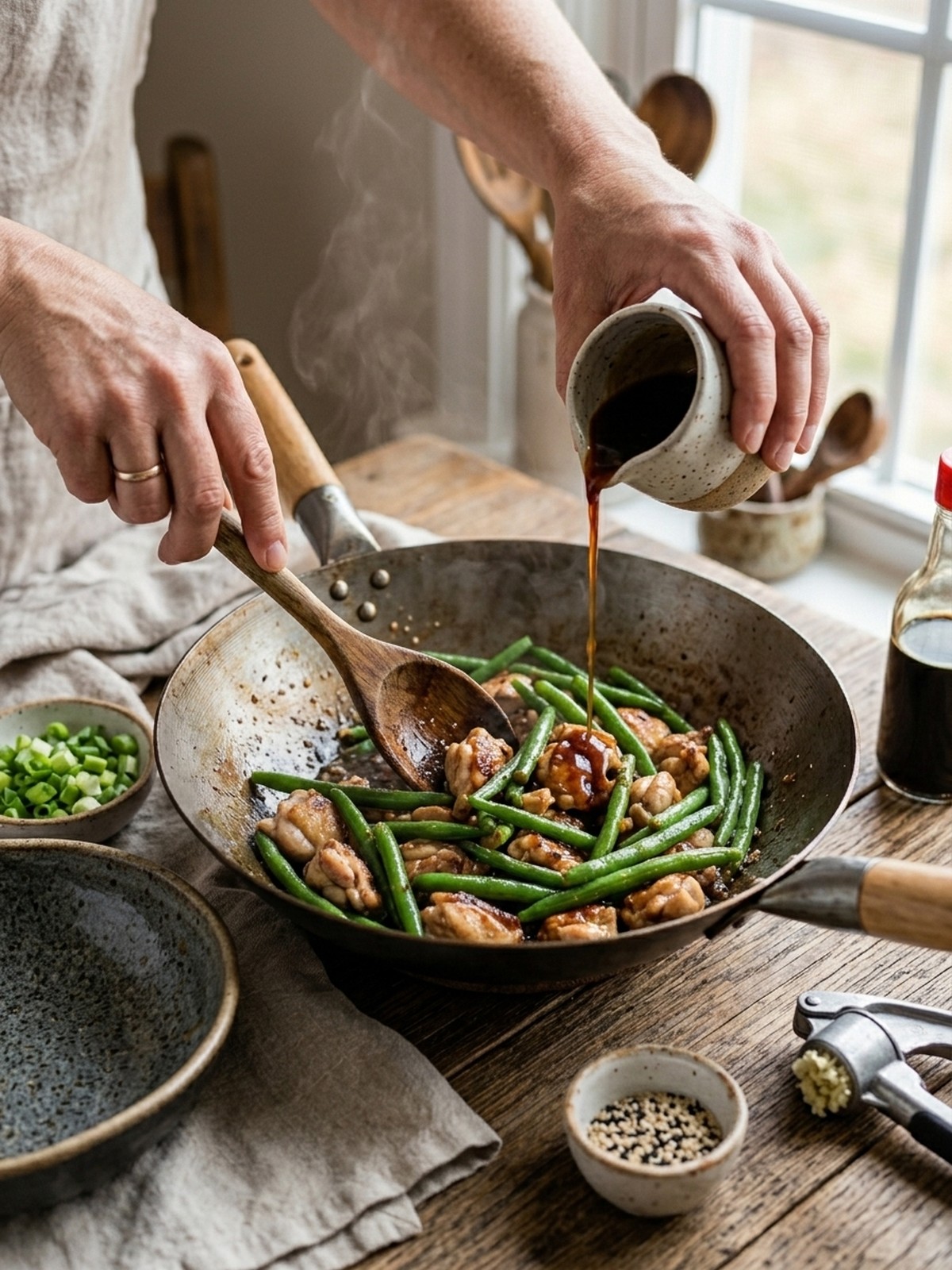Step by step preparation of Honey Garlic Chicken and Green Beans