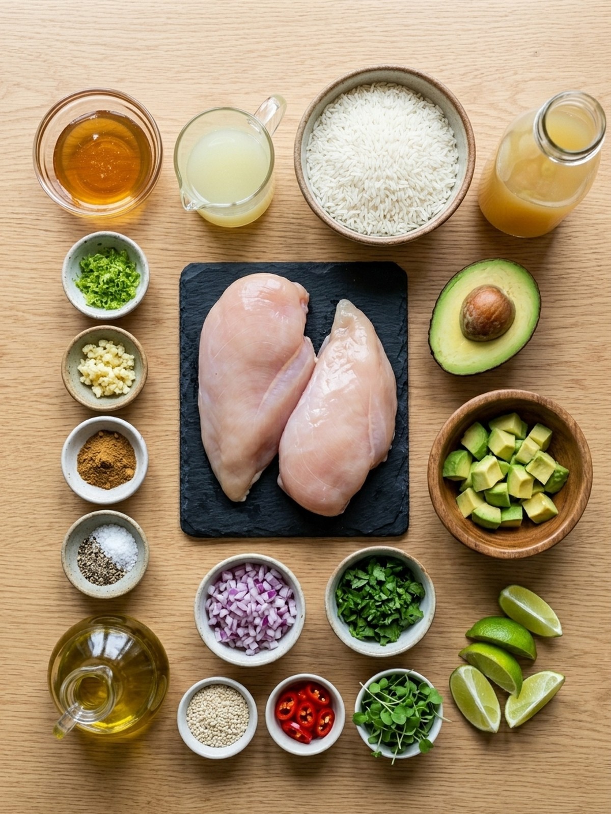 Honey Lime Chicken & Avocado Rice Stack ingredients arranged for cooking