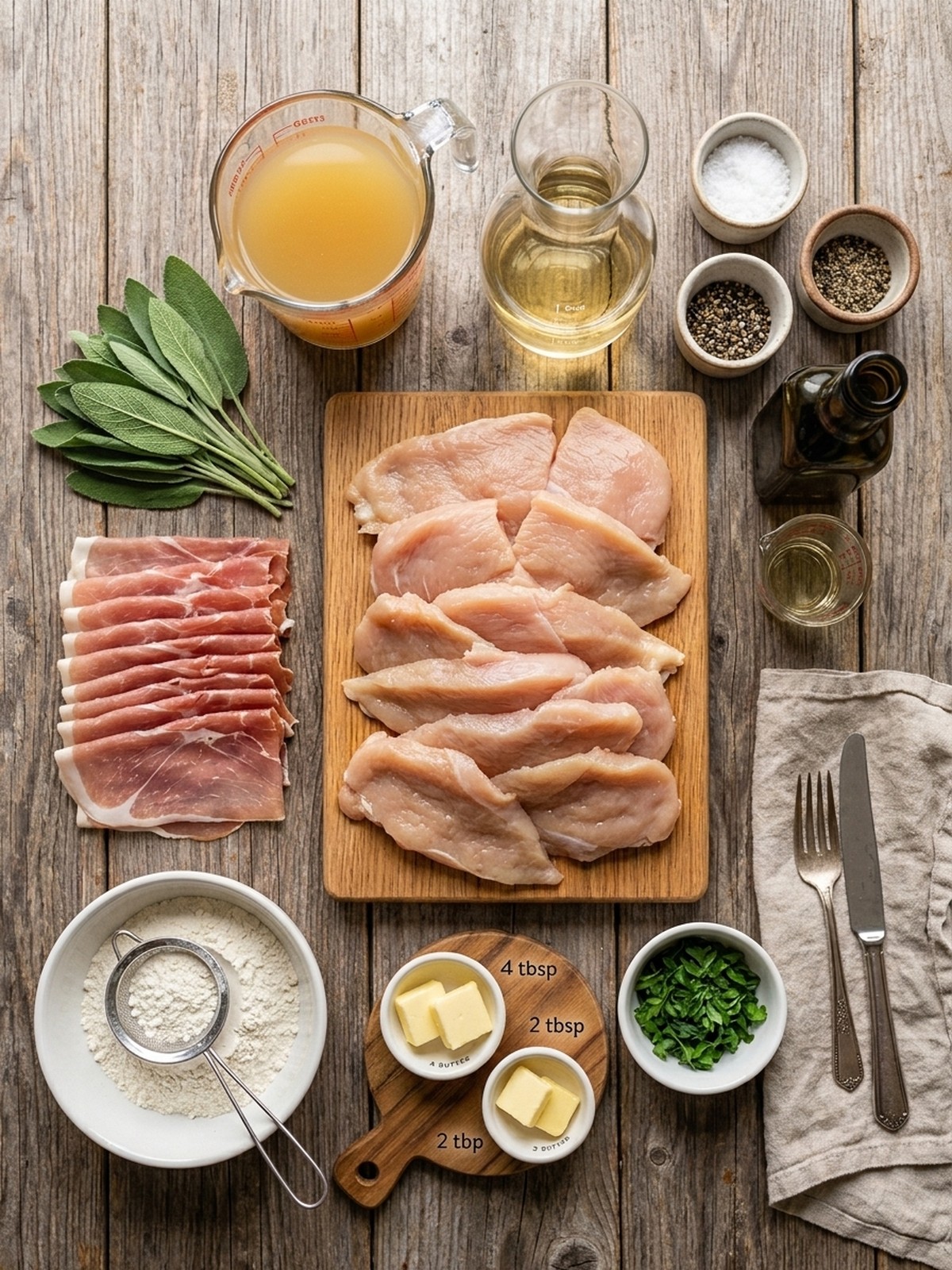 Italian Chicken Saltimbocca ingredients arranged for cooking