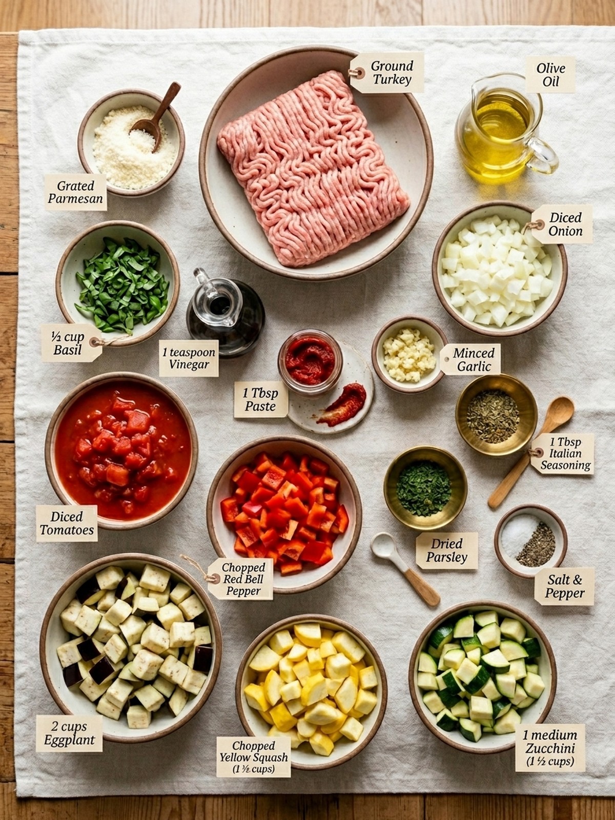 Italian Ground Turkey & Veggie Skillet ingredients arranged for cooking