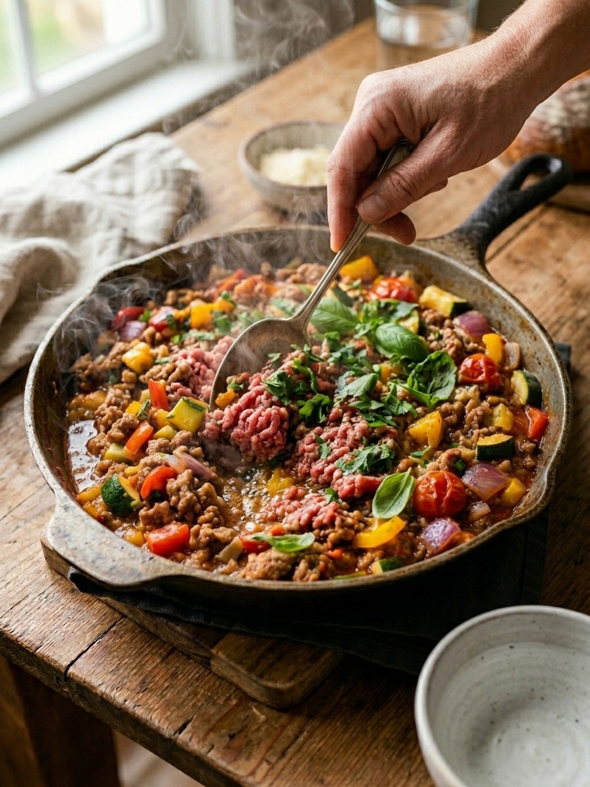 Step by step preparation of Italian Ground Turkey & Veggie Skillet