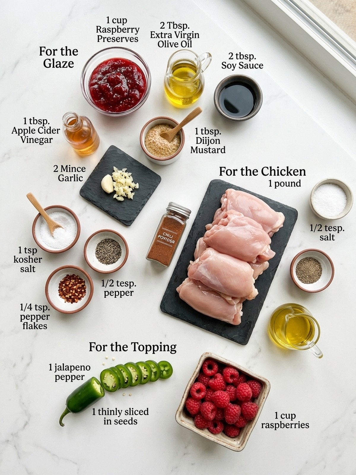 Jalapeno Raspberry Chicken ingredients arranged for cooking