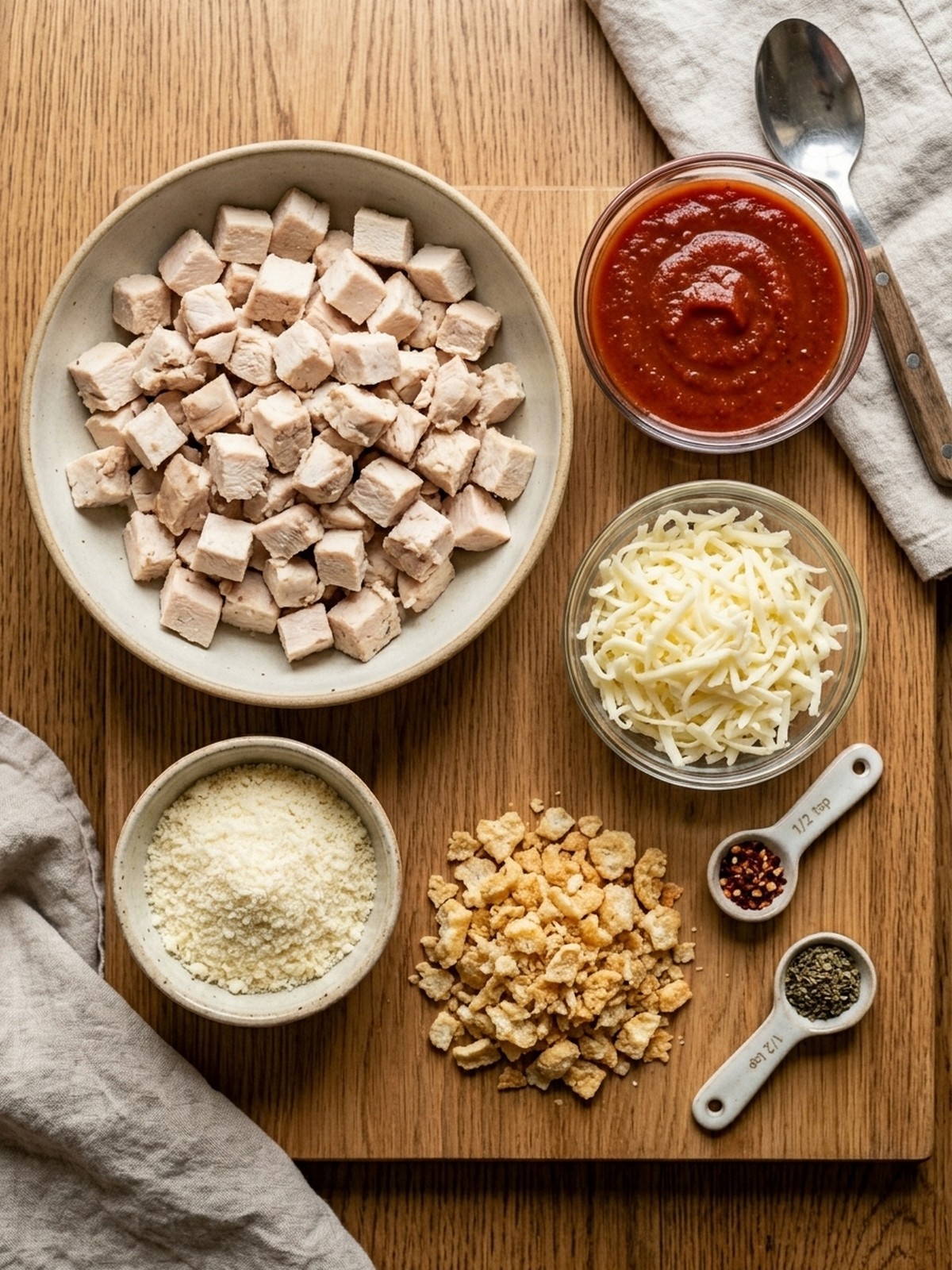 Keto Chicken Parmesan Casserole ingredients arranged for cooking