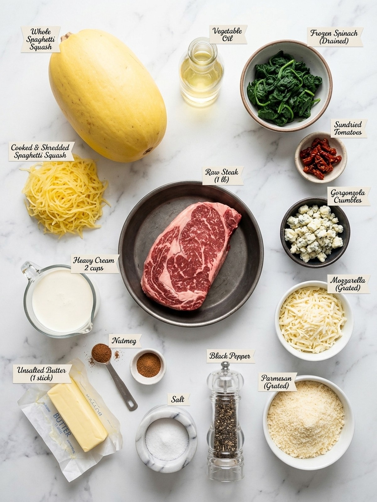 Keto Low Carb Steak Gorgonzola Alfredo Spaghetti Squash ingredients arranged for cooking