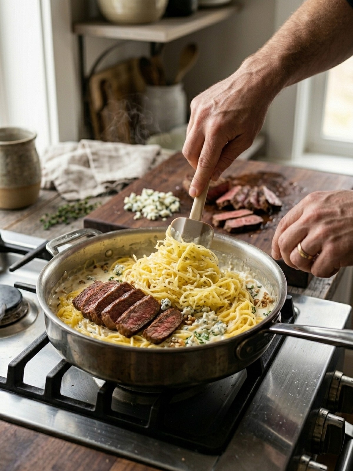 Step by step preparation of Keto Low Carb Steak Gorgonzola Alfredo Spaghetti Squash