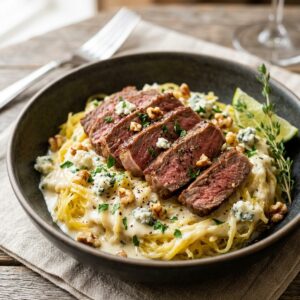 Keto Low Carb Steak Gorgonzola Alfredo Spaghetti Squash