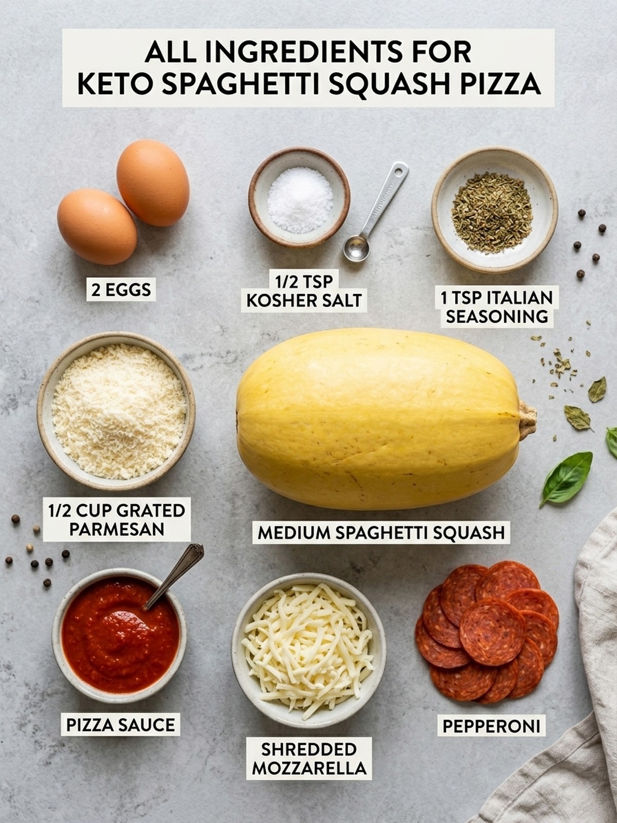 Keto Spaghetti Squash Pizza ingredients arranged for cooking