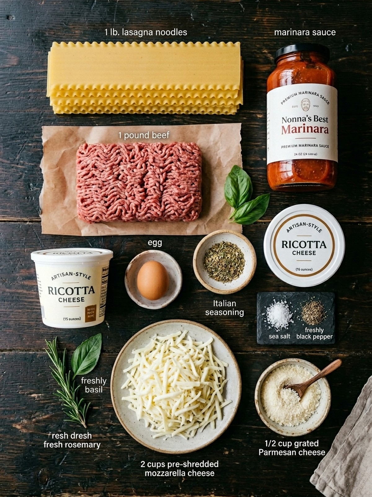 Lasagna ingredients arranged for cooking