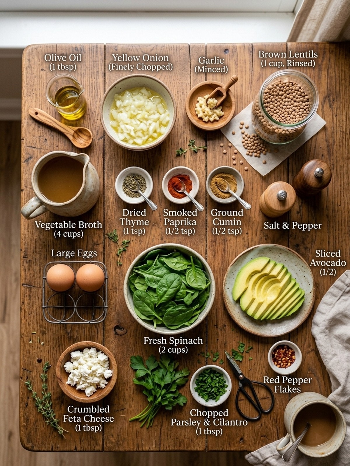 Lentil Breakfast Bowl ingredients arranged for cooking