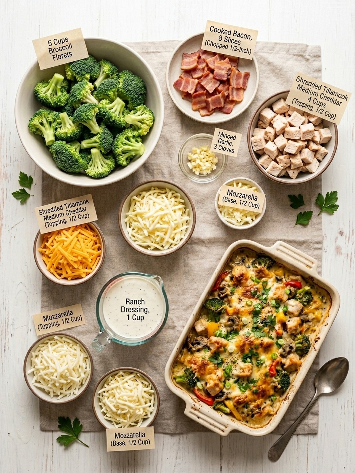 Low Carb Chicken Casserole ingredients with chicken broccoli bacon ranch and cheese