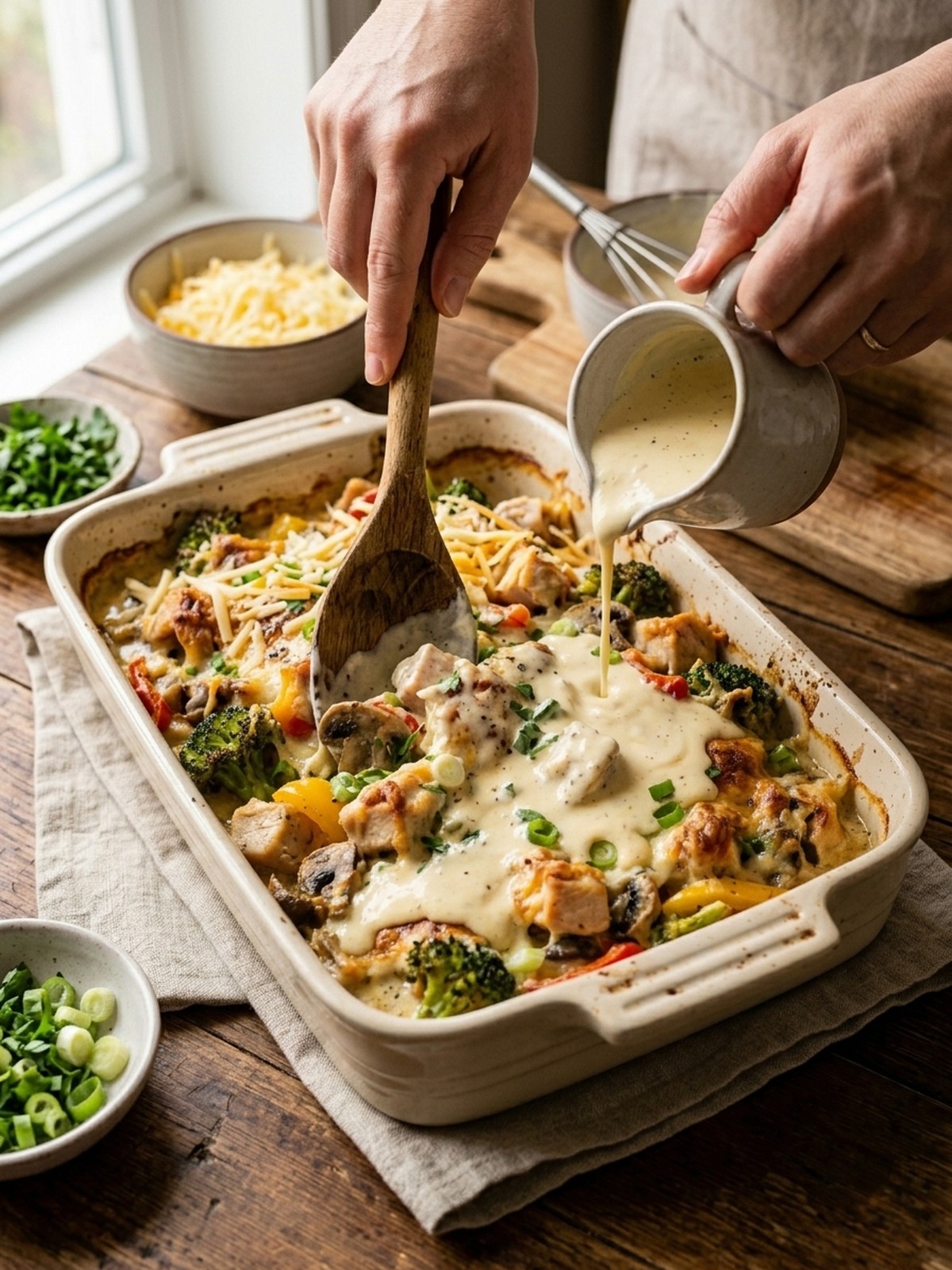 Step by step preparation of Low Carb Chicken Casserole in a baking dish
