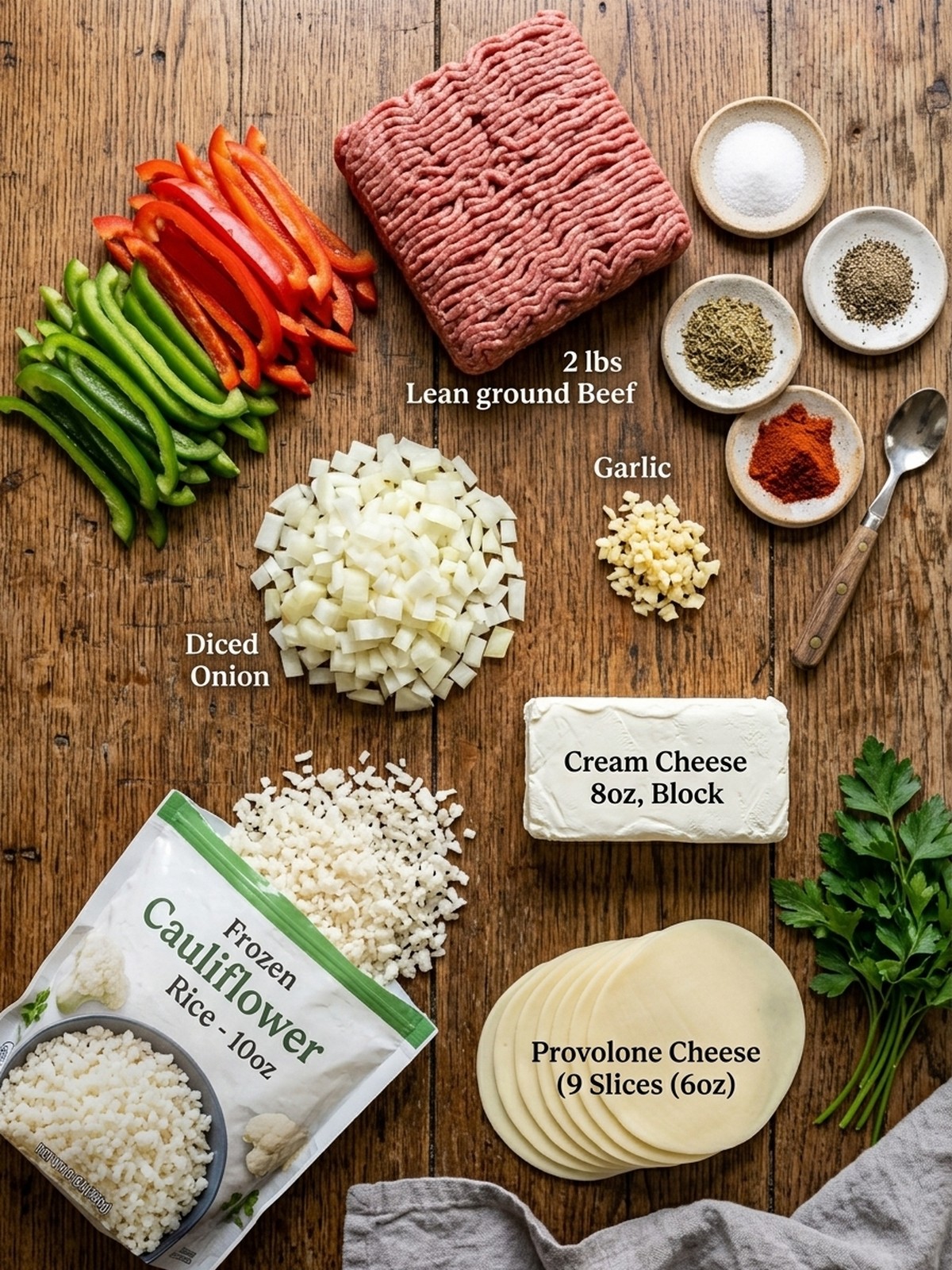 Low Carb Philly Cheesesteak Casserole ingredients arranged for cooking