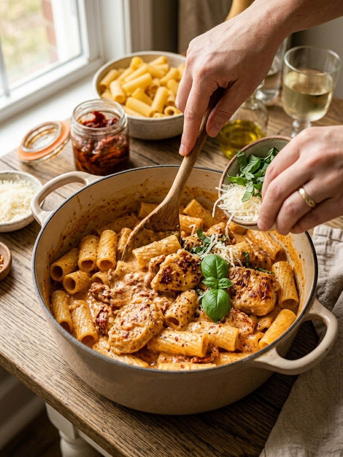 Marry Me Chicken Pasta ingredients with chicken penne sun-dried tomatoes Parmesan cream garlic and basil