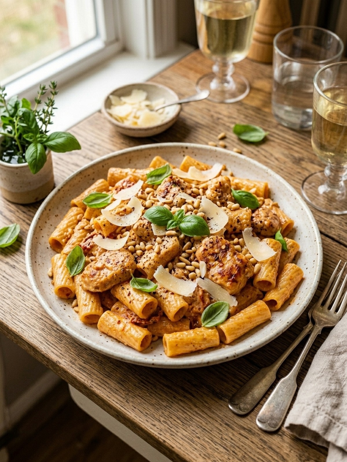Step by step preparation of Marry Me Chicken Pasta with creamy sauce and sliced chicken