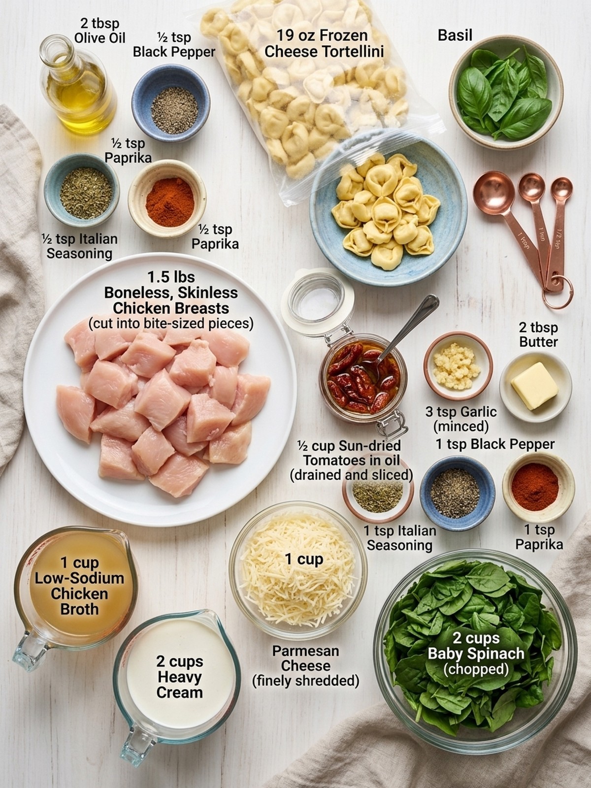 Marry Me Chicken Tortellini ingredients arranged for cooking